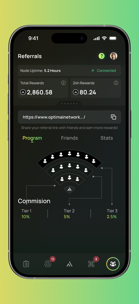 OptimAI Edge Node - OptimAI Edge Nodeアプリの紹介ダッシュボード。ノードの稼働時間、獲得した報酬、およびマルチティアコミッションプログラムが表示されます。