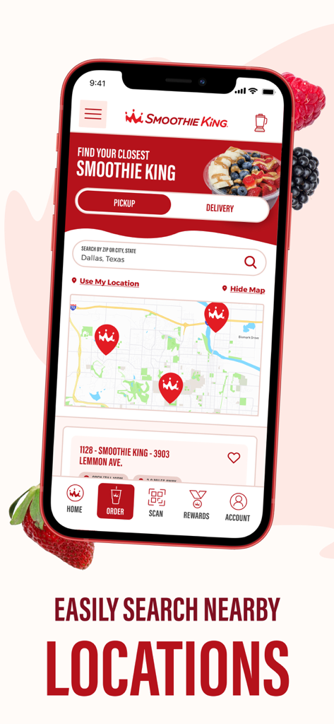 Smoothie King - Smoothie King app screen showing a map of nearby store locations for pickup and delivery