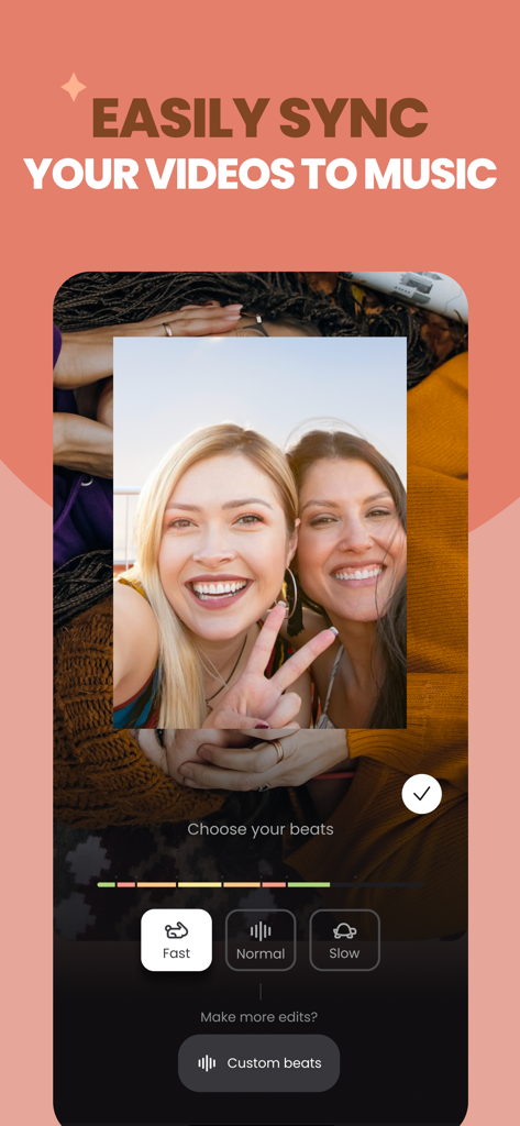 OnBeat: Reels Maker Editor - A mobile video editor interface showing two women smiling while the user selects a beat synchronization speed like fast normal or slow