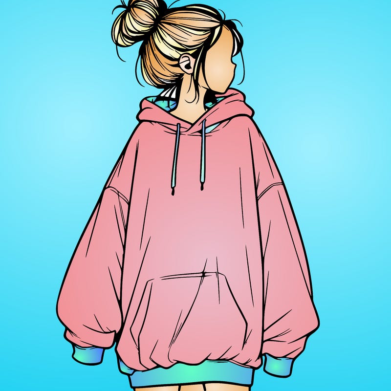 realistic girl with a oversized sweatshirt on and a bun