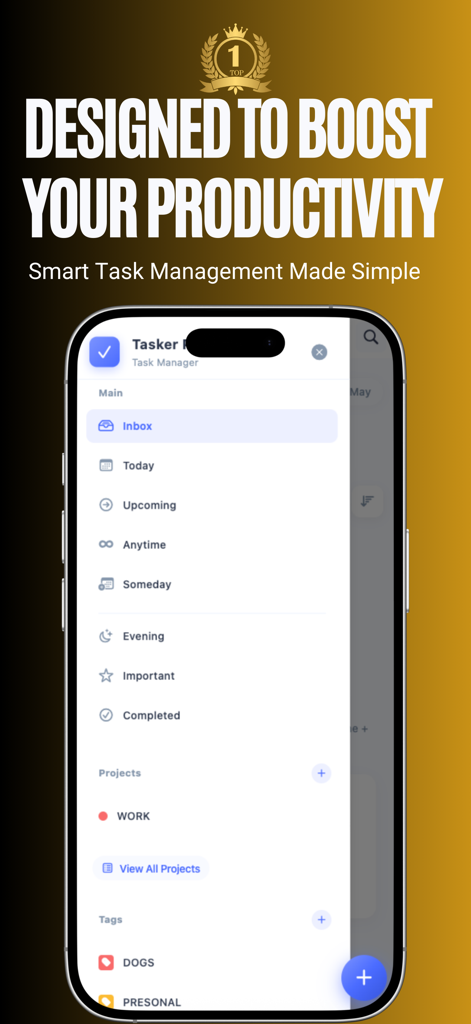 TaskerPro 모바일 앱 인터페이스에 작업 범주 및 프로젝트 관리 메뉴가 표시됩니다.
