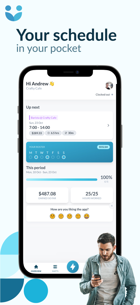 Interface do aplicativo Workforce.com mostrando as horas de trabalho da escala do funcionário e o rastreador de ganhos
