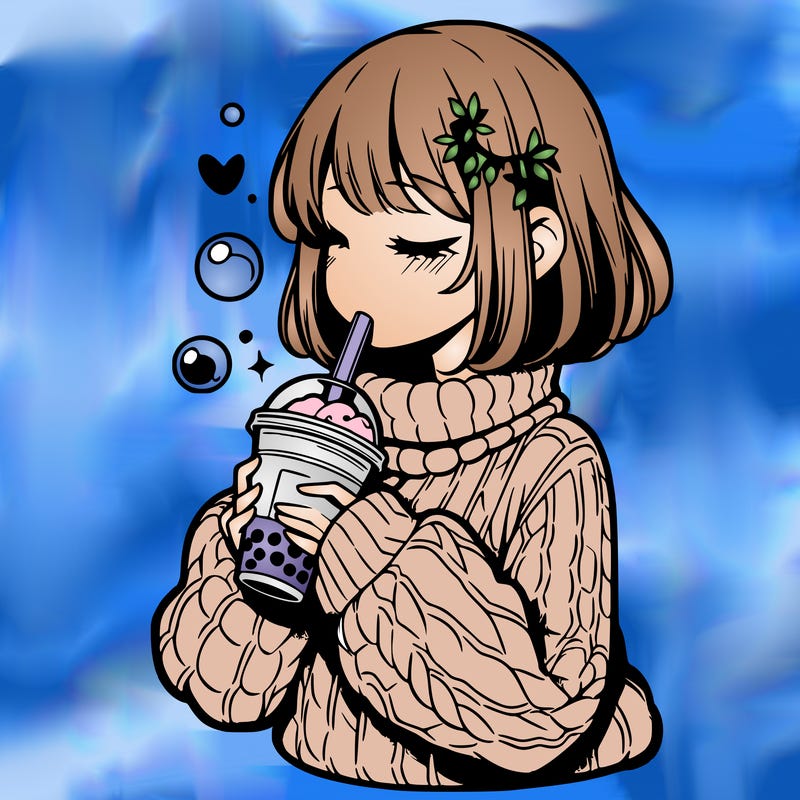 manga girl drinking boba in cozy sweater
