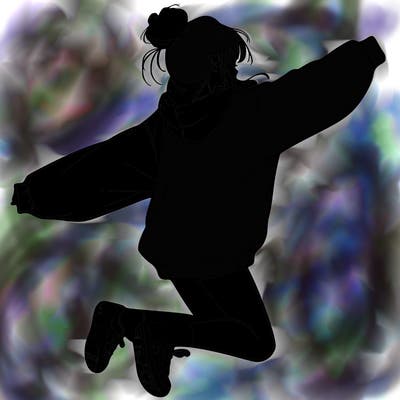 realistic girl jumping with a bun and oversized sweatshirt