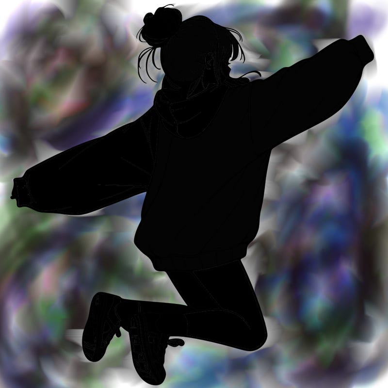 realistic girl jumping with a bun and oversized sweatshirt