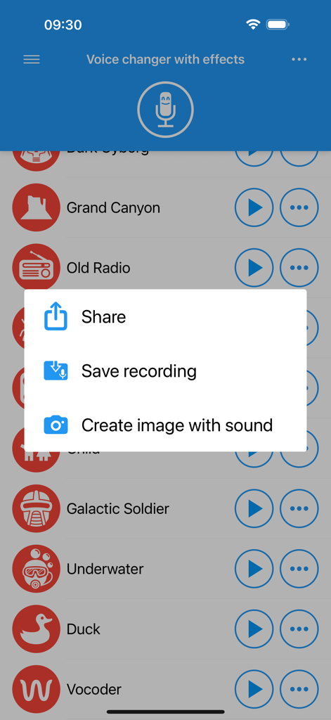 Voice changer app menu showing share and save recording options over a list of effects