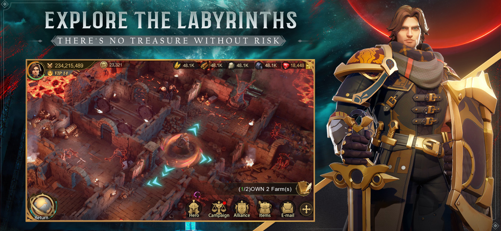 Land of Empires: Immortal - Una captura de pantalla de Land of Empires Immortal que muestra a un personaje guerrero junto a una escena de juego de mazmorras titulada Explora los Laberintos