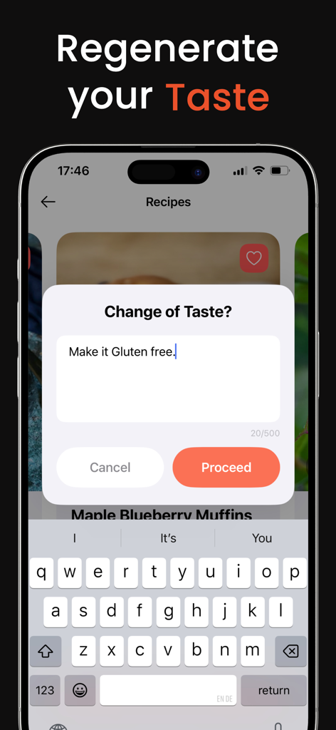AI Recipe - Cooking Ideas - グルテンフリーなどの特定の食事制限のリクエストでレシピを再生成するAIレシピアプリの機能を示すスマートフォン画面。