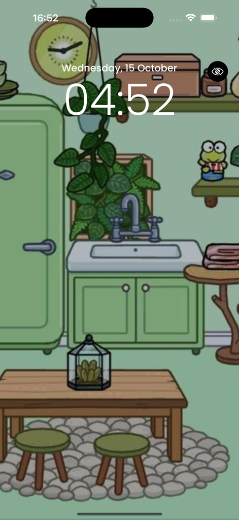 Room design ideas aesthetic - Aesthetic green kitchen and dining room design in Toca Boca style on a phone lock screen wallpaper