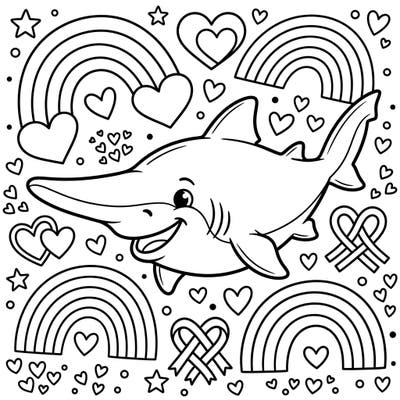 Dive into a world of creativity with this adorable goblin shark coloring page, radiating joy amidst vibrant Pride symbols. Perfect for kids aged 4-8, it features playful rainbows, hearts, and diversity ribbons waiting for a splash of color.