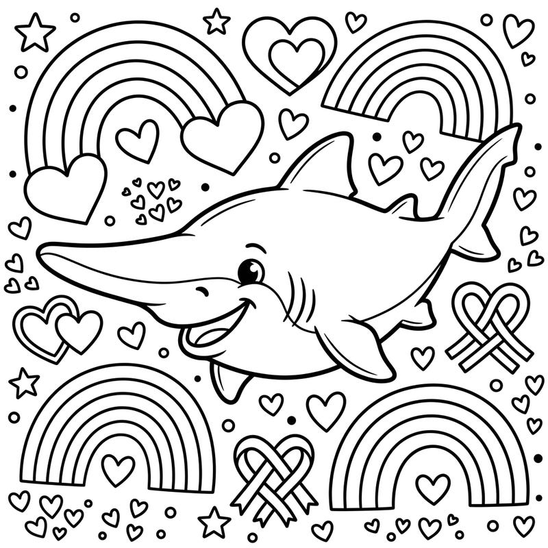 Dive into a world of creativity with this adorable goblin shark coloring page, radiating joy amidst vibrant Pride symbols. Perfect for kids aged 4-8, it features playful rainbows, hearts, and diversity ribbons waiting for a splash of color.