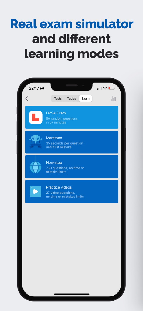 ADI Theory Test Kit 2026 RAY - ADI Theory Test Kit mobile app screen displaying different exam simulator modes like DVSA Exam and Marathon.