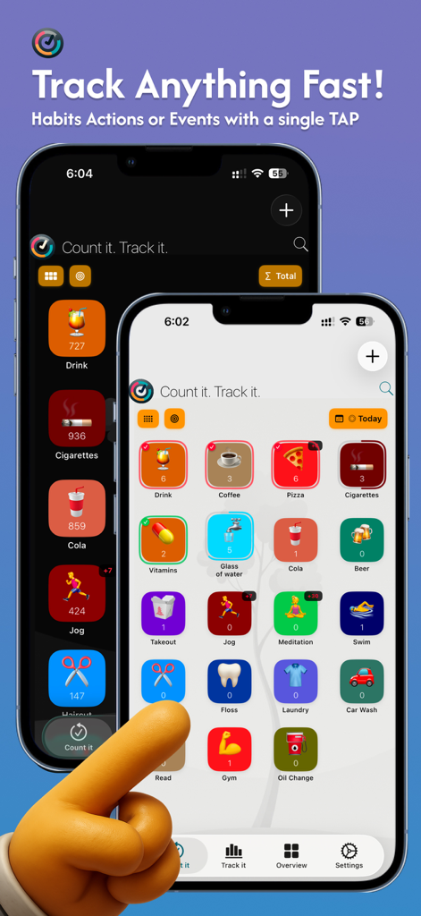 Habit Tracker Counter: CountIt - CountIt app interface on two iPhones showing a grid of colorful habit icons with a hand tapping to log an activity