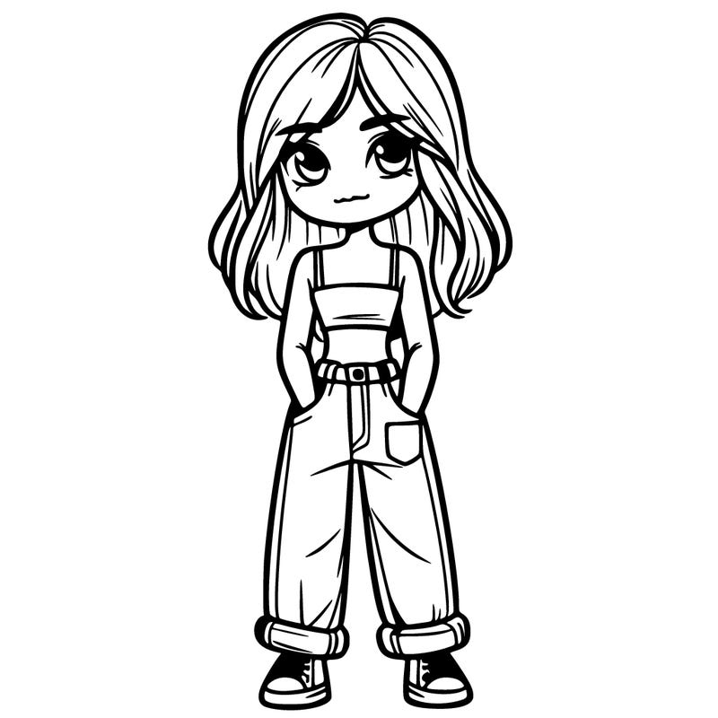 girl with long hair baggy jeans and a crop top