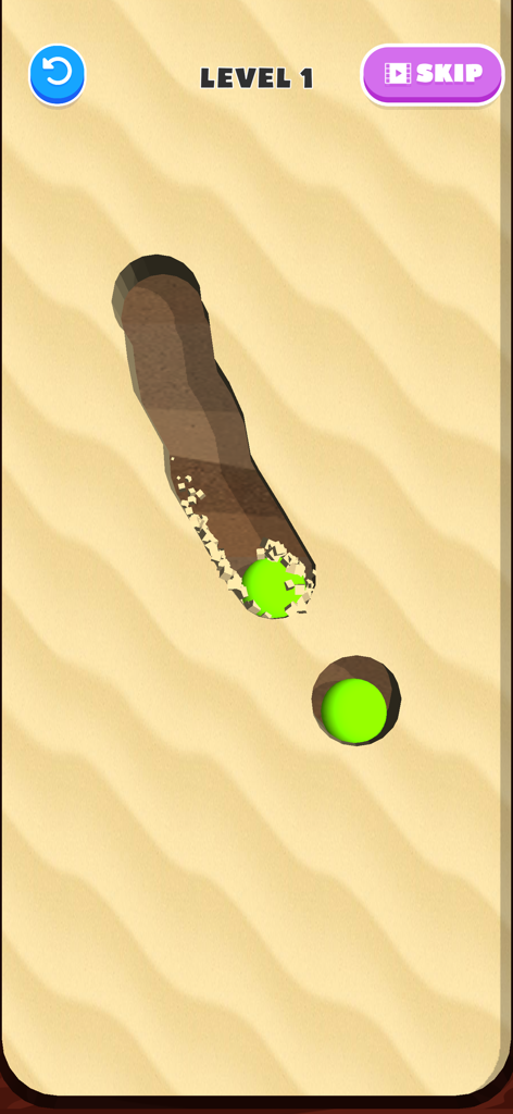 Brain Dig - Digging Puzzle - - Brain Dig puzzle level 1 showing a path dug in sand to merge two green balls