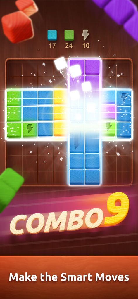 Colorwood Blocks: Wood Puzzle - Gioco di puzzle Colorwood Blocks che mostra una combo alta e linee eliminate su una griglia di legno.