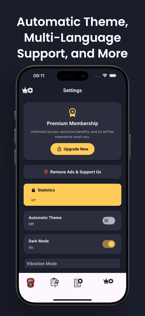 Settings screen of the Digital Tasbeeh Counter app showing premium membership upgrade and dark mode options
