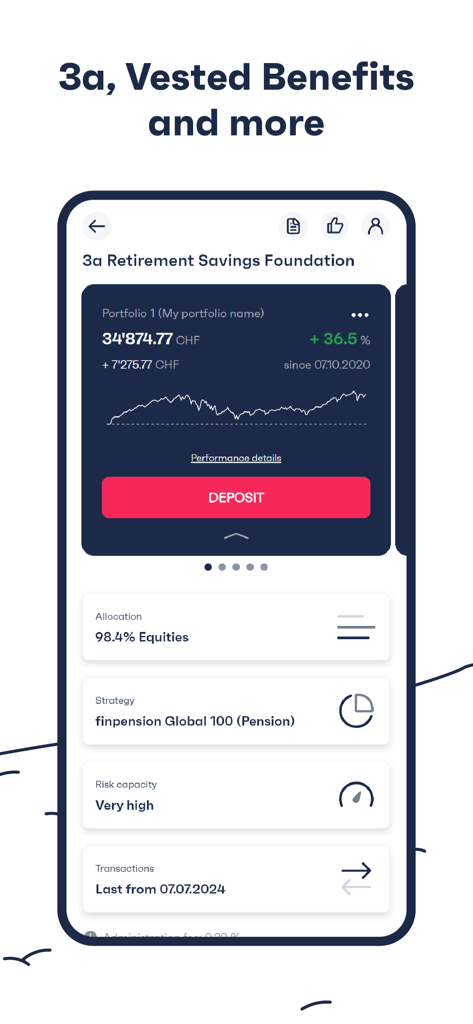 finpension - finpension app interface showing a 3a retirement savings portfolio with a performance graph and equity allocation details.