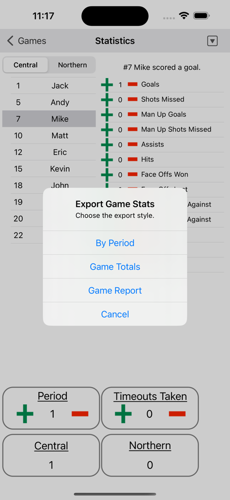 Ice Hockey Statistics - Menu di esportazione statistiche di gioco che mostra le opzioni per i totali di periodo e il report di gioco nell'app Statistiche sull'hockey su ghiaccio