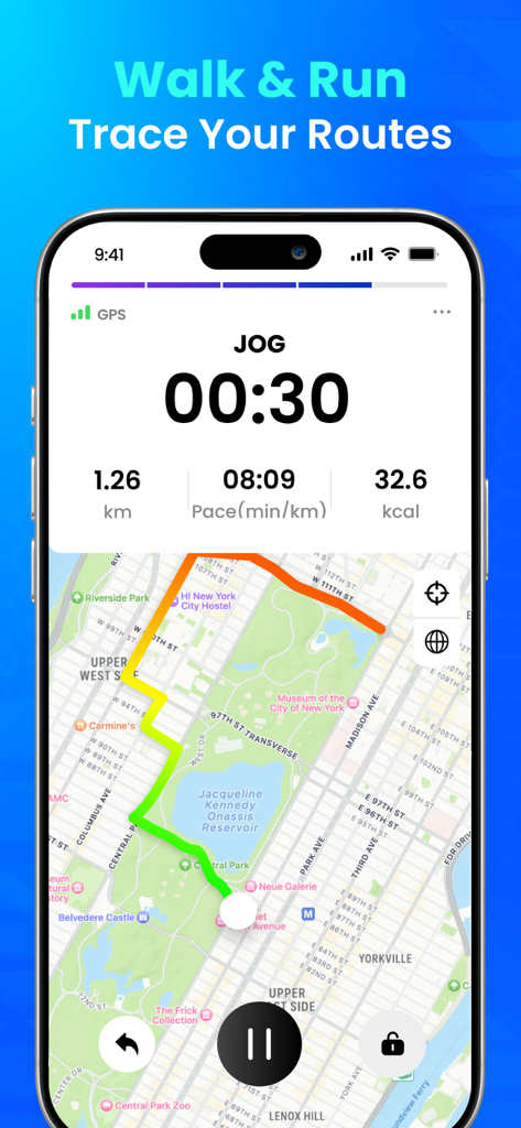 A smartphone interface showing a Walk and Run feature with a GPS tracked route on a map and real-time jogging statistics.
