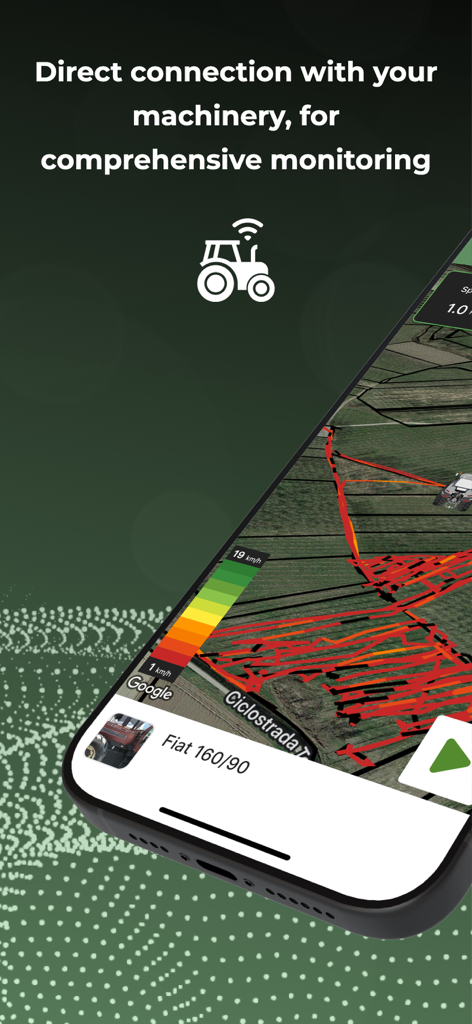 Interfaccia dell'app xFarm che mostra il tracciamento dei trattori in tempo reale e la telematica dei macchinari su una mappa del campo.