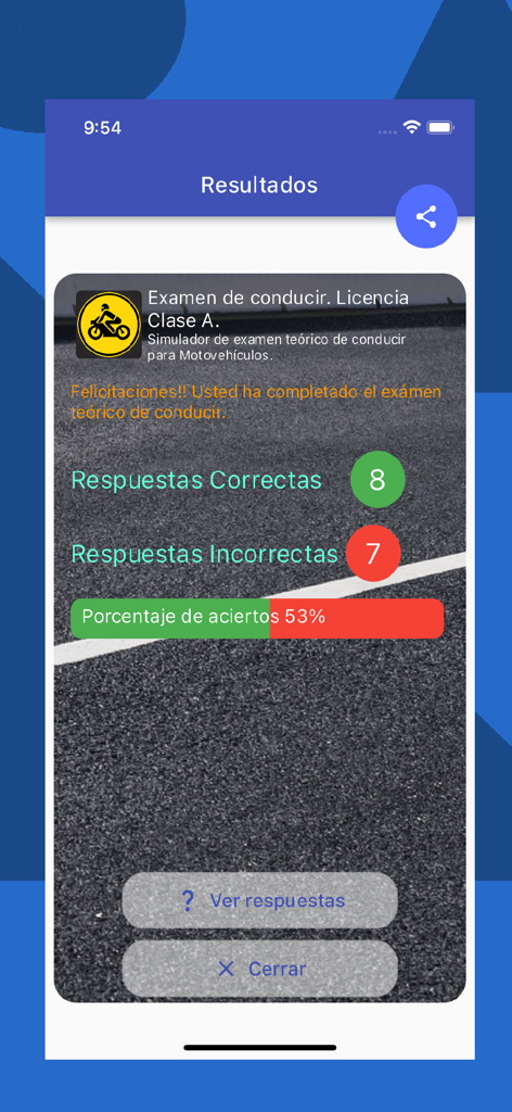 Examen de conducir Motos - Pantalla de resultados de la app de examen de conducir de motos mostrando la puntuación del examen y las respuestas correctas