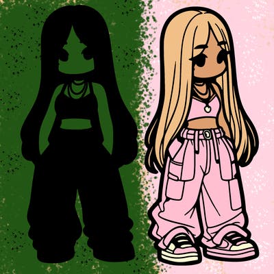 girl in baggy pants crop top and long hair