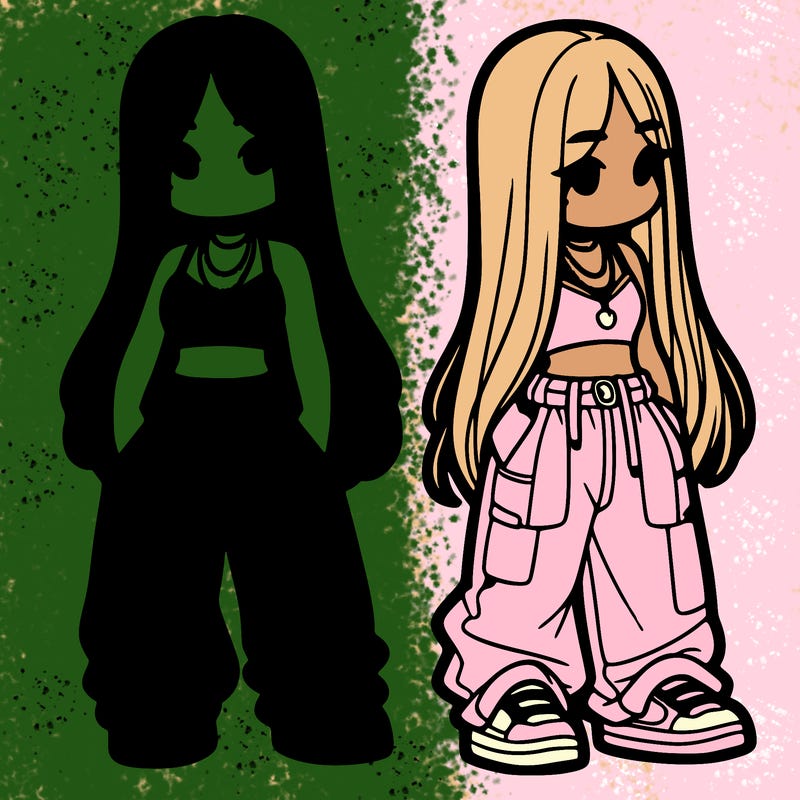 girl in baggy pants crop top and long hair