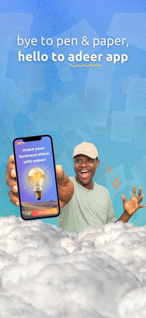 adeer - أدير - A happy entrepreneur holding a smartphone showing the adeer app with text bye to pen and paper