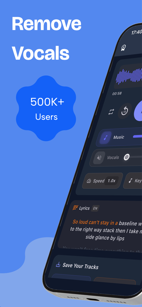 Vocal Remover - MusicSeparator - ボーカル分離コントロールとカラオケ練習用の同期歌詞が表示されたVocal Removerアプリのインターフェイス