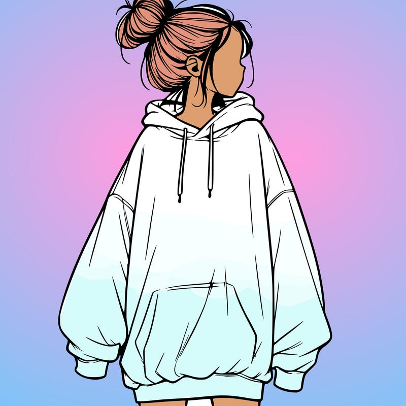 realistic girl with a oversized sweatshirt on and a bun