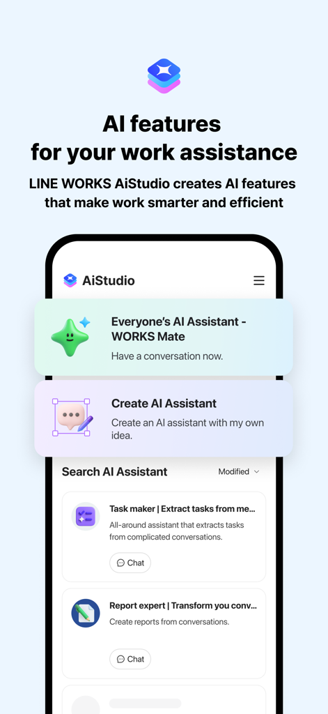 LINE WORKS: Team Communication - LINE WORKS AiStudio mobile interface showing AI assistants for work productivity