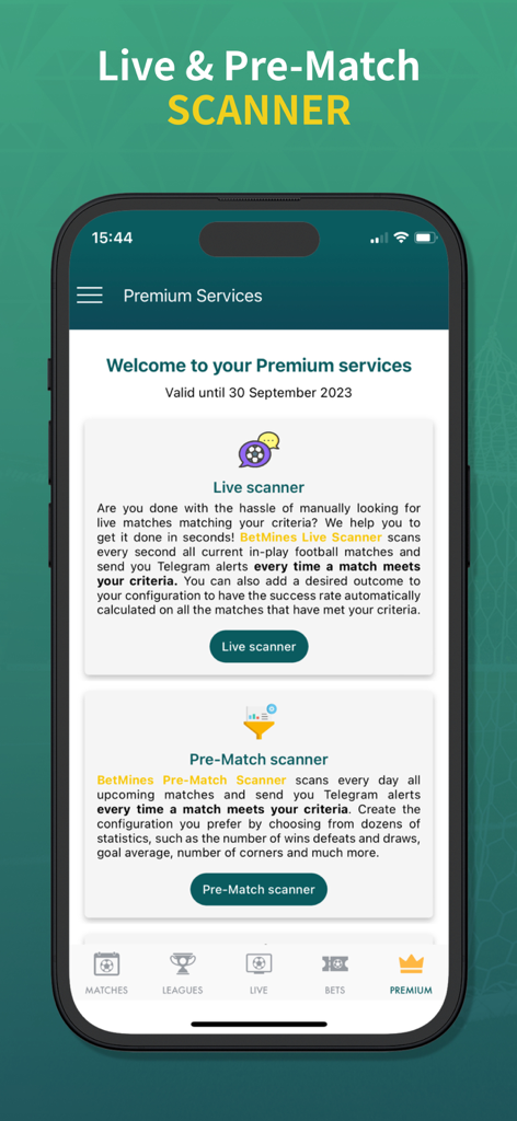 Interface of the BetMines app showing premium live and pre-match scanner services for soccer betting