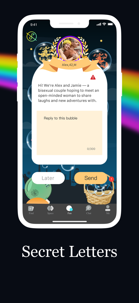 Queer: LGBTQ Chat & Friends - Queerアプリのユーザーインターフェース。バイセクシュアルカップルからのメッセージが表示された「Secret Letters」機能。