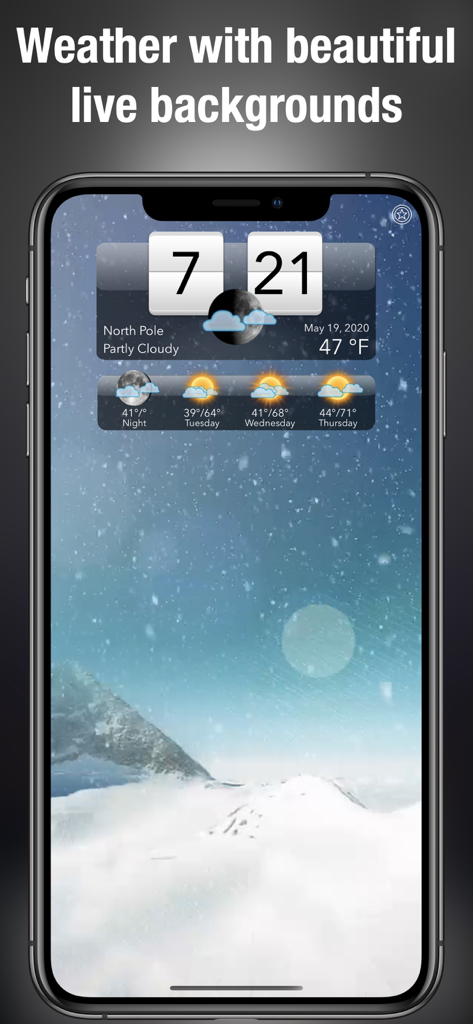 iPhone displaying Living Weather HD app with a live animated snowy mountain background and digital flip clock