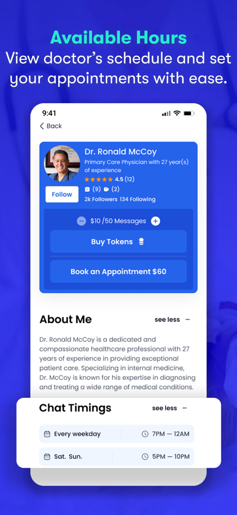 Schermata dell'app CureMe che mostra il profilo di un medico con opzioni per prenotare un appuntamento e visualizzare gli orari di disponibilità per la chat.