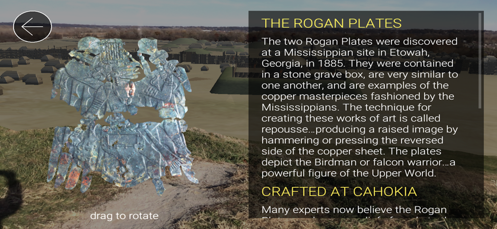 Vista in realtà aumentata del manufatto delle Rogan Plates con un pannello informativo nell'app Cahokia AR Tour