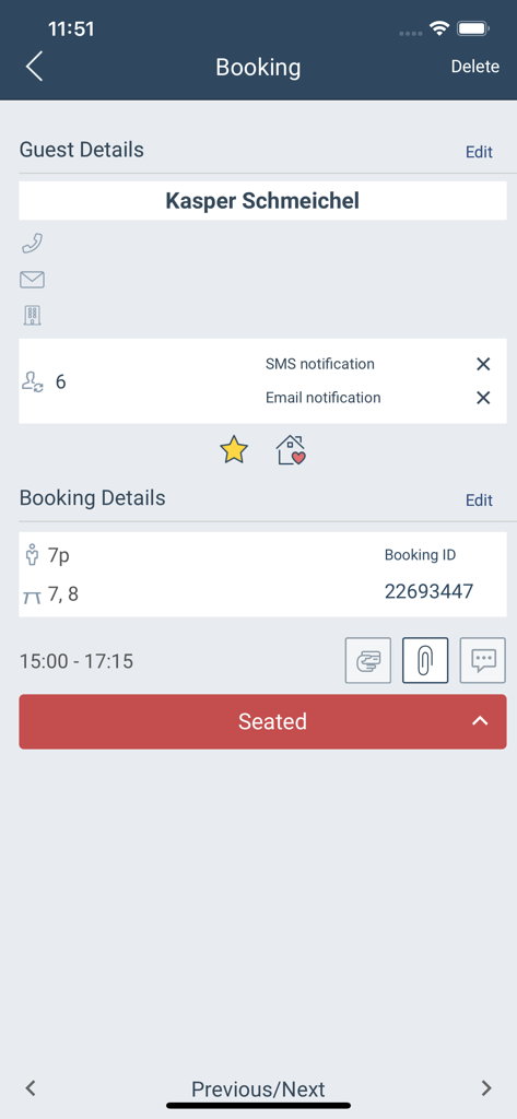 DinnerBooking Business - Interface of DinnerBooking Business app showing guest details and booking status for a seated party