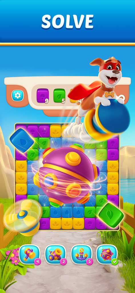 Fiona's Farm blast puzzle gameplay with colorful blocks and a dog character.