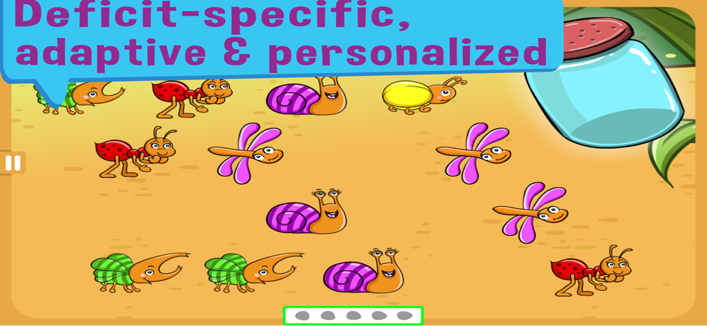 A colorful language therapy game with cartoon insects and a jar.