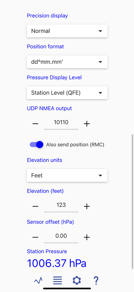 Marine Barograph - Settings menu of the Marine Barograph app showing pressure and position configuration