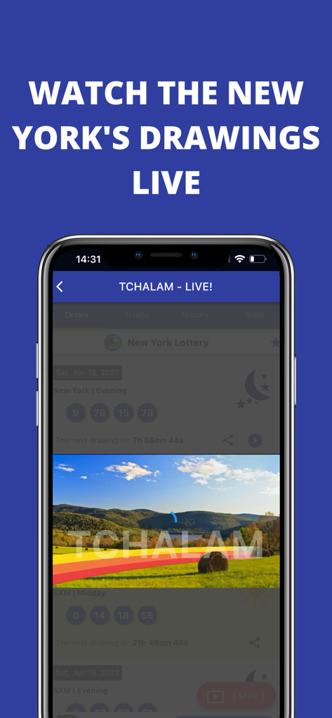 Tchalam - Tchalam app interface showing live New York lottery drawings and winning numbers.