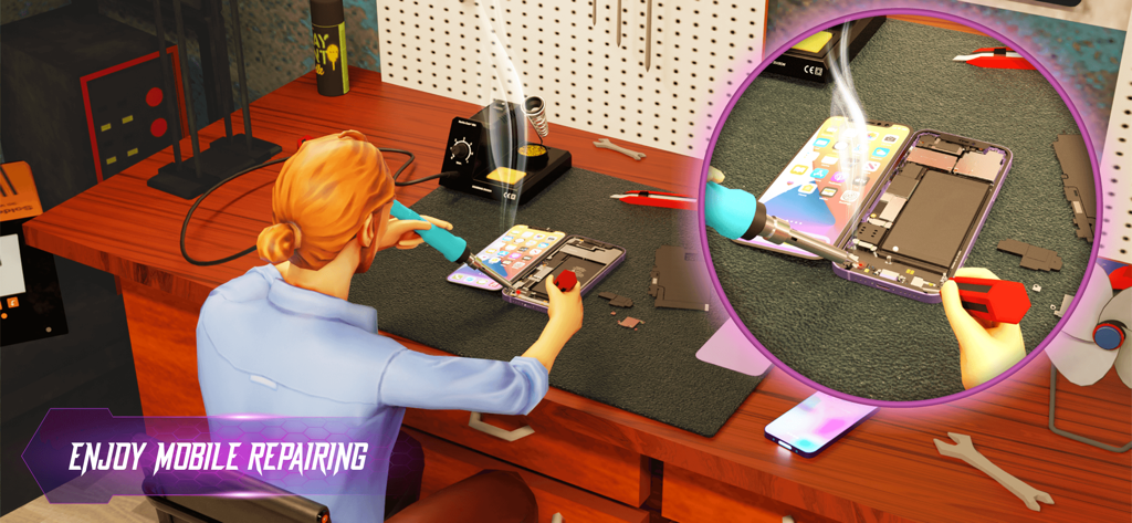 Character soldering a smartphone in a mobile repair simulation game