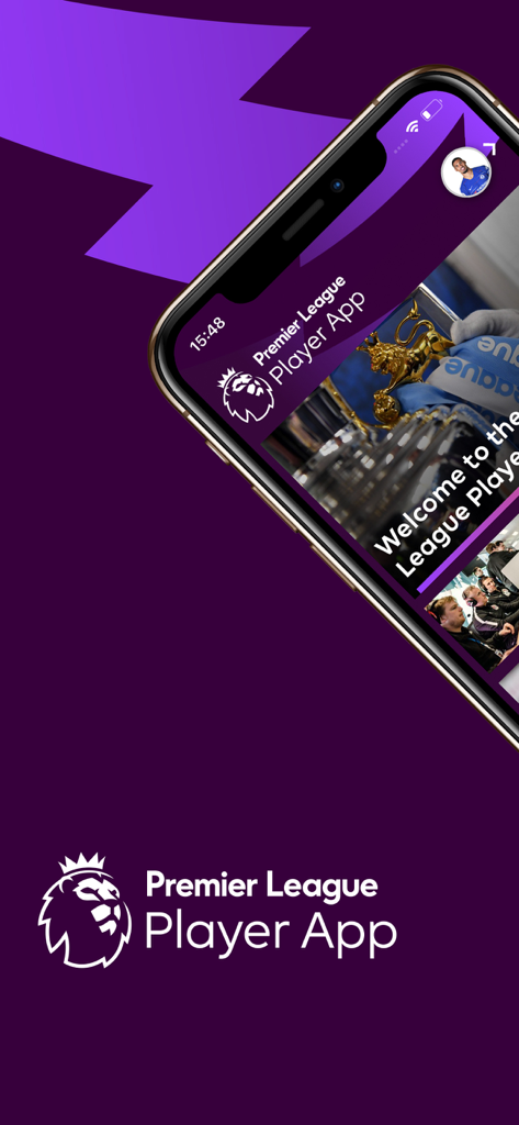 Smartphone displaying the Premier League Player App interface on a purple background