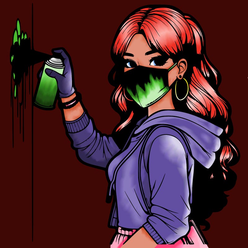 realistic girl with mask spray painting a wall