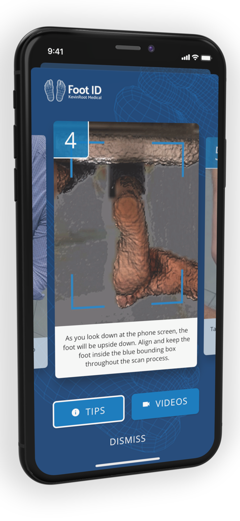 Foot ID app interface showing a 3D foot scanning process with a blue alignment bounding box and instructional text for podiatrists
