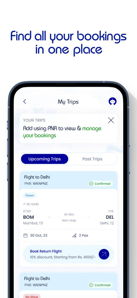 Interfaccia dell'app IndiGo che mostra la sezione I miei viaggi con dettagli e opzioni di gestione delle prenotazioni dei voli