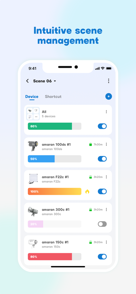 amaran - Smartphone screen showing the amaran app scene management interface with multiple light controls and brightness sliders