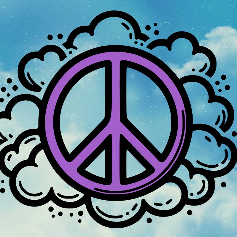 a solid peace sign with a round background shaped with clouds