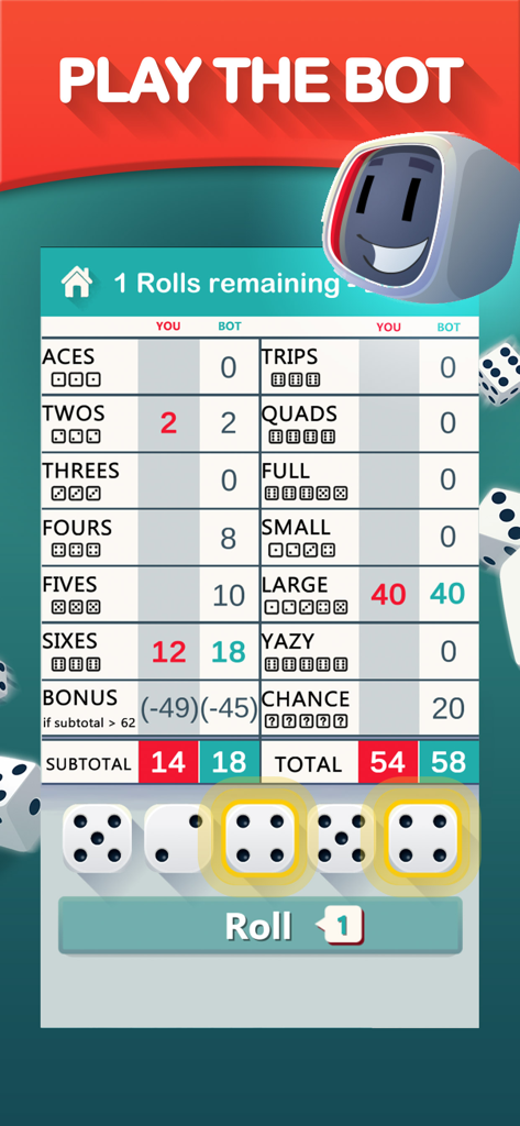 Yazy yatzy dice game - Una captura de pantalla del juego de dados Yazy yatzy que muestra la tarjeta de puntuación y los dados durante una partida contra un bot.